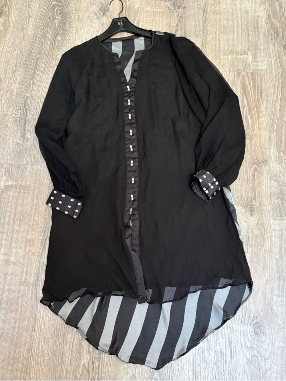 Black Long Sleeve Sheer Dress with Crystal Embellishments & Contrasting Pattern